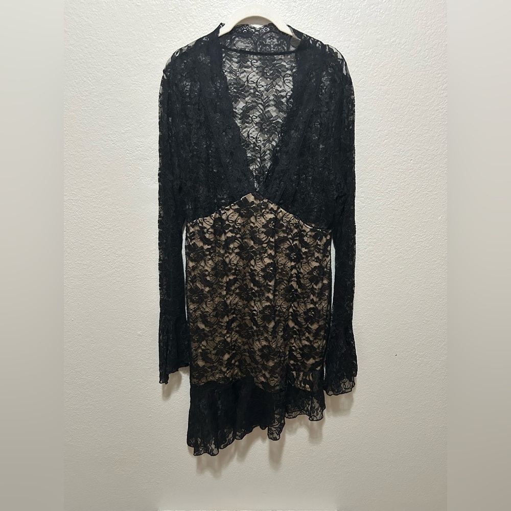 SHEIN Black Lace Mini Dress | Gothic Witchy Sheer Long Sleeve Party Dress 2X